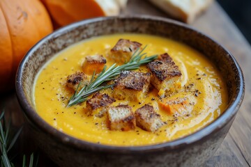 Creamy pumpkin soup with croutons and rosemary garnish.