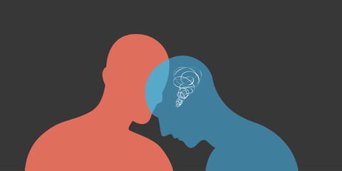 mental health care concept, 2 head silhouette of person lean on, understand , talk and listen, solution advise, communication support and help. vector illustration 