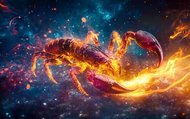 Obraz premium A striking scorpion zodiac symbol emerges in a vibrant, abstract background with spiritual flames, blending mysticism and fire energy. Perfect for astrology designs.