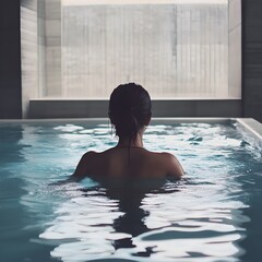 A photo of a young woman swimming laps in a modern indoor pool.