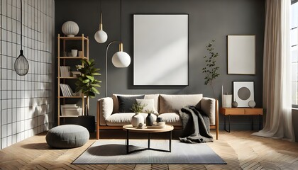 Contemporary Living Room with Gray Sofa, Pendant Lights, and Textured Wall