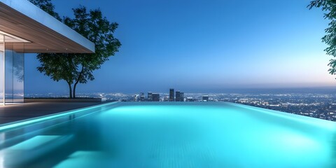 Fototapeta premium A modern infinity pool overlooking a city skyline at twilight, featuring serene lighting and a tranquil atmosphere. Concept Infinity Pool Design, Twilight City Skyline, Serene Lighting