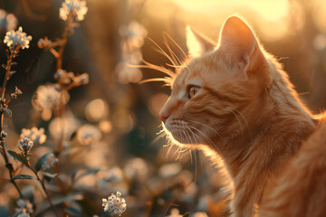 Cat pet on a sunny day in nature against a background of flowers