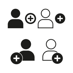 User with plus. Profile addition icon. Member joining symbol. Personal vector shape.