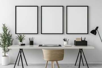 Functional home office with desk and three distinct poster mockups for workspace focus.