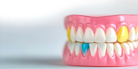 Fototapeta premium A dental model displaying a set of teeth with colorful dental fillings in some of the teeth. Concept Dental Model, Colorful Fillings, Teeth Display, Dental Education, Oral Health Awareness
