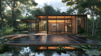 Fototapeta premium Modern Eco-Friendly Home Surrounded by Nature with Solar Panels and Glass Walls for Sustainable Living