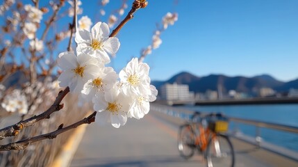 Delicate white blossoms branch out against a clear blue sky, with a blurred bicycle and distant mountains creating a serene backdrop.