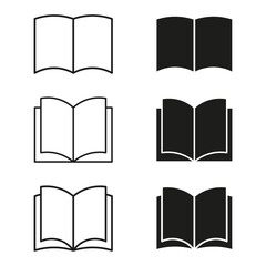 Open book icon. Minimal book shapes. Black and white symbols. Vector illustration.