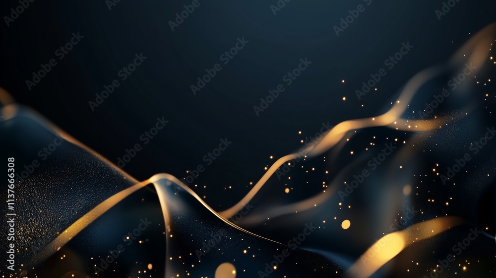 Poster dynamic golden wave pattern flowing through a dark background with sparkling particles adding depth 