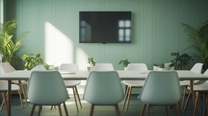 Fototapeta premium Modern meeting room with plants and a large screen.