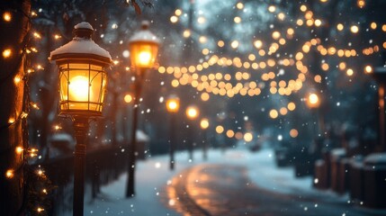 Naklejka premium Magical Winter Evening with Warm Lanterns and Twinkling Snowy Lights