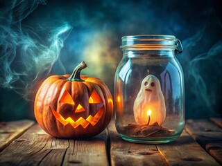 Spooky Halloween Double Exposure: Ghost Jar & Pumpkin Decor