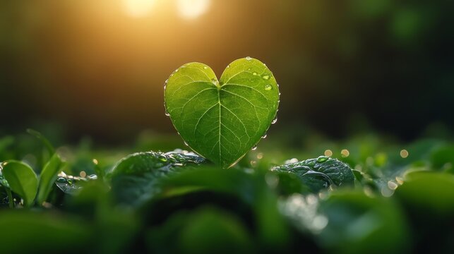 Heart-Shaped Leaf in Sunlit Forest. Generative AI