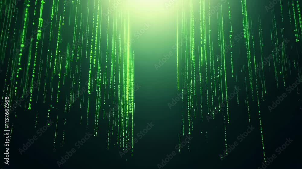 Poster visual representation of digital data flowing in a matrix style with intense green colors and a futu