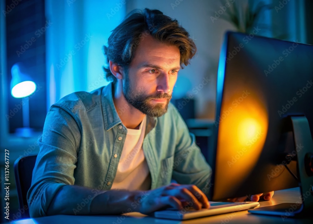 Poster low light programmer, night work, focused developer, coding in darkness, computer screen glow, late 
