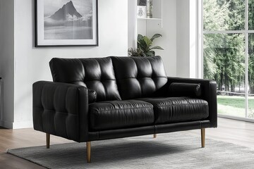 Modern black faux leather loveseat with gold legs and square armrests for stylish living spaces.