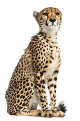 Alert cheetah sits upright looking upward showcasing its spotted coat pattern isolated on a clean transparent background for wildlife advertising.