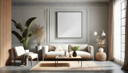 Fototapeta premium Elegant Living Room with Neutral Tones and Wall Art