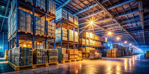 Fototapeta premium Low Light Supplier Photography: Night Warehouse Stock Images, Industrial Darkness, Supply Chain Logistics