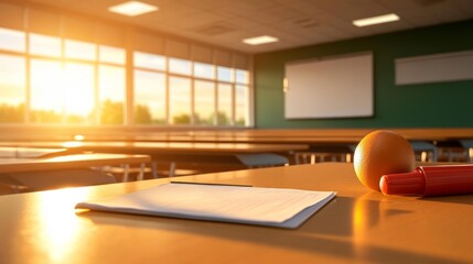 Classroom with Whiteboard and Empty Desks at Sunset. Generative AI