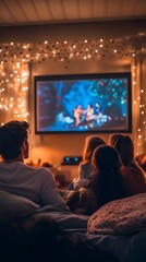 44. A family enjoying a movie night at home, with a cozy, secure atmosphere