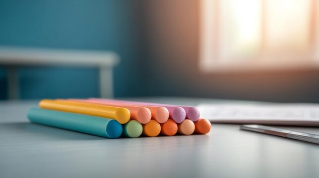 Colorful Chalks on Desk: Education and Creativity Concept. Generative AI