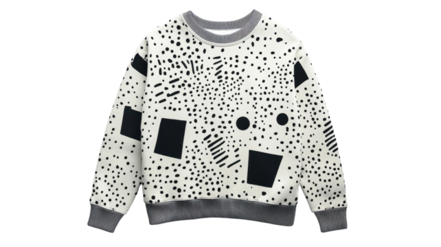 Stylish white sweatshirt with black geometric patterns showcased against a transparent background, suitable for fashion presentations or online stores.
