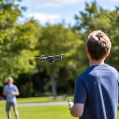 Naklejka premium A photo of a young boy flying a drone over a park, guided by his father.