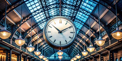Obraz premium Low Light Train Station Clock: Interior Design, Time Management, Ceiling Architecture