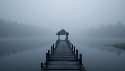 Obraz premium Silhouette of a small wooden pier on a foggy lake