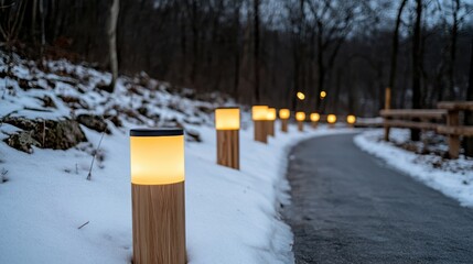 Softly lit lanterns align a snow-covered path, casting a warm, inviting glow that contrasts with the frosty landscape in a winter wonderland scene.
