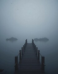 Obraz premium Silhouette of a small wooden pier on a foggy lake