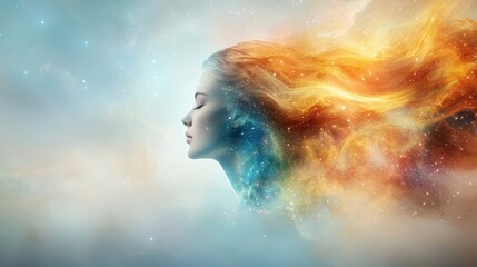 Fototapeta premium The figure, bathed in ethereal light, drifts serenely through a swirling tapestry of vivid hues, surrounded by a kaleidoscope of pulsating stars and nebulae.