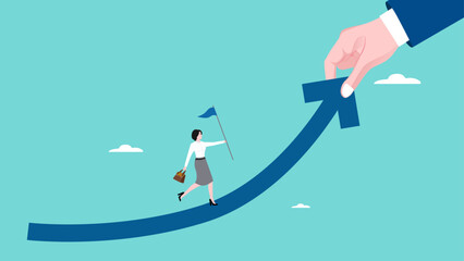 career growth to success concept illustration with businesswoman hand helps pull the arrow to success, career progress to success in work. career development concept vector illustration