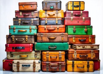 Stacked Vintage Suitcases: Colorful Travel Bags Pyramid, Old Fashioned Luggage, Realistic Travel Concept