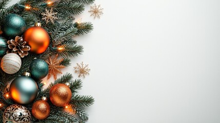 The Christmas frame is crafted from fragrant fir branches intertwined with sparkling ornaments, twinkling lights, and glittering snowflakes