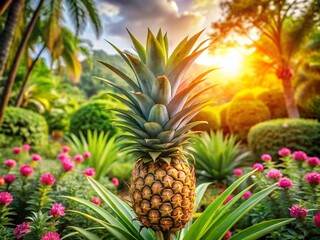 Lush Garden Scene Featuring a Vibrant Pineapple Plant Surrounded by Greenery and Tropical Plants Under Bright Sunlight, Perfect for Nature Lovers and Garden Enthusiasts