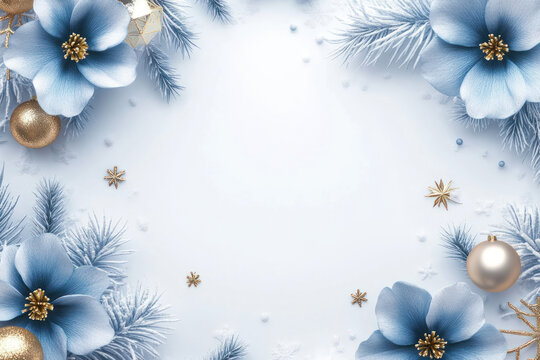 Elegant Minimalist Frame with Blue Flowers and Christmas Decor, Perfect for Seasonal Greetings and Stylish Holiday Designs