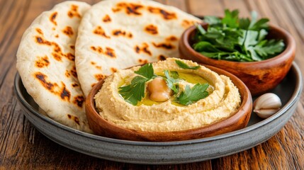 Hummus with pita is a popular Middle Eastern dish made from mashed chickpeas, blended with tahini, lemon juice, and garlic, and served with warm, pillowy pita bread for dipping.