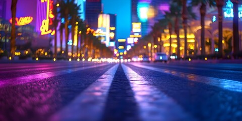 A vibrant city street at night, illuminated by colorful neon lights and lined with palm trees, capturing a lively atmosphere. Concept City Nightlife, Neon Lights, Vibrant Atmosphere