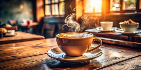 Obraz premium Steaming Cappuccino: Documentary Photography of Coffee Culture