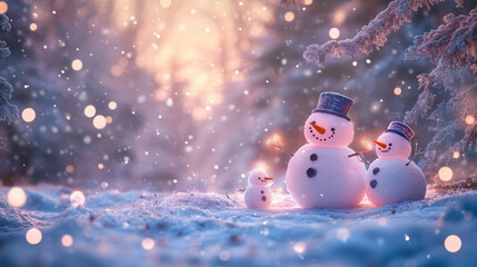 Obraz premium Three snowmen are standing in the snow, with one of them wearing a hat