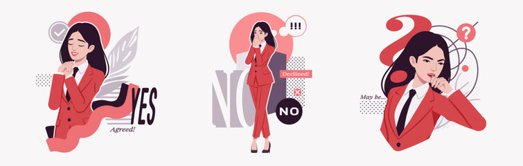 Ambitious businesswoman, confident business lady in red suit, tie, making choice, doubt, thinking, modern design for art magazine, blog, graphic advertisement, digital social media illustration set