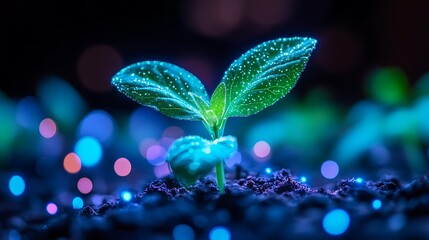 Glowing plant sprout with dew drops in dark setting brightly illuminated by colorful bokeh lights