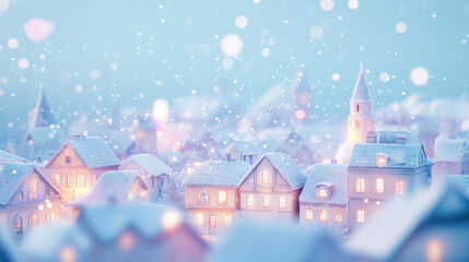 Obraz premium A snowy town with houses lit up at night