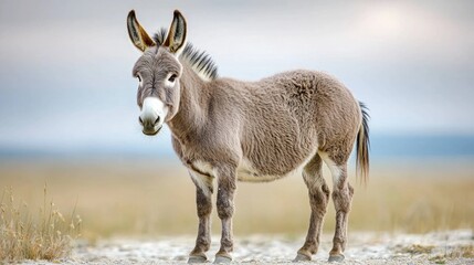 A white background showcases a single donkey standing with its ears perked up, a friendly expression on its face, and a shaggy coat of gray fur.