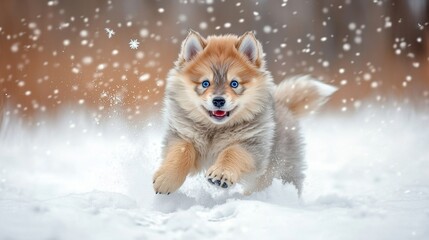 Obraz premium A fluffy gray wolf puppy with bright blue eyes joyfully romping through a fresh blanket of snow, leaving tiny paw prints behind as it playfully jumps and pounces on snowflakes falling from the sky.