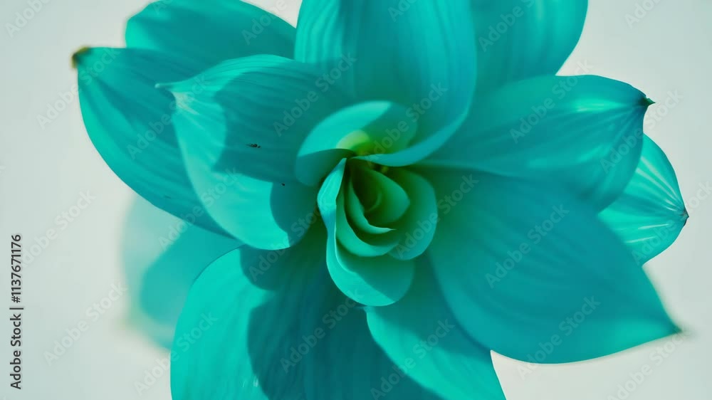 Aufkleber Beautiful turquoise flower slowly rotating against a soft white background creating a calming visual experience