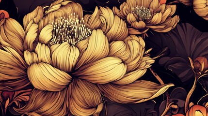 Stunning Golden Peony Artwork with Detailed Floral Illustrations on Dark Background